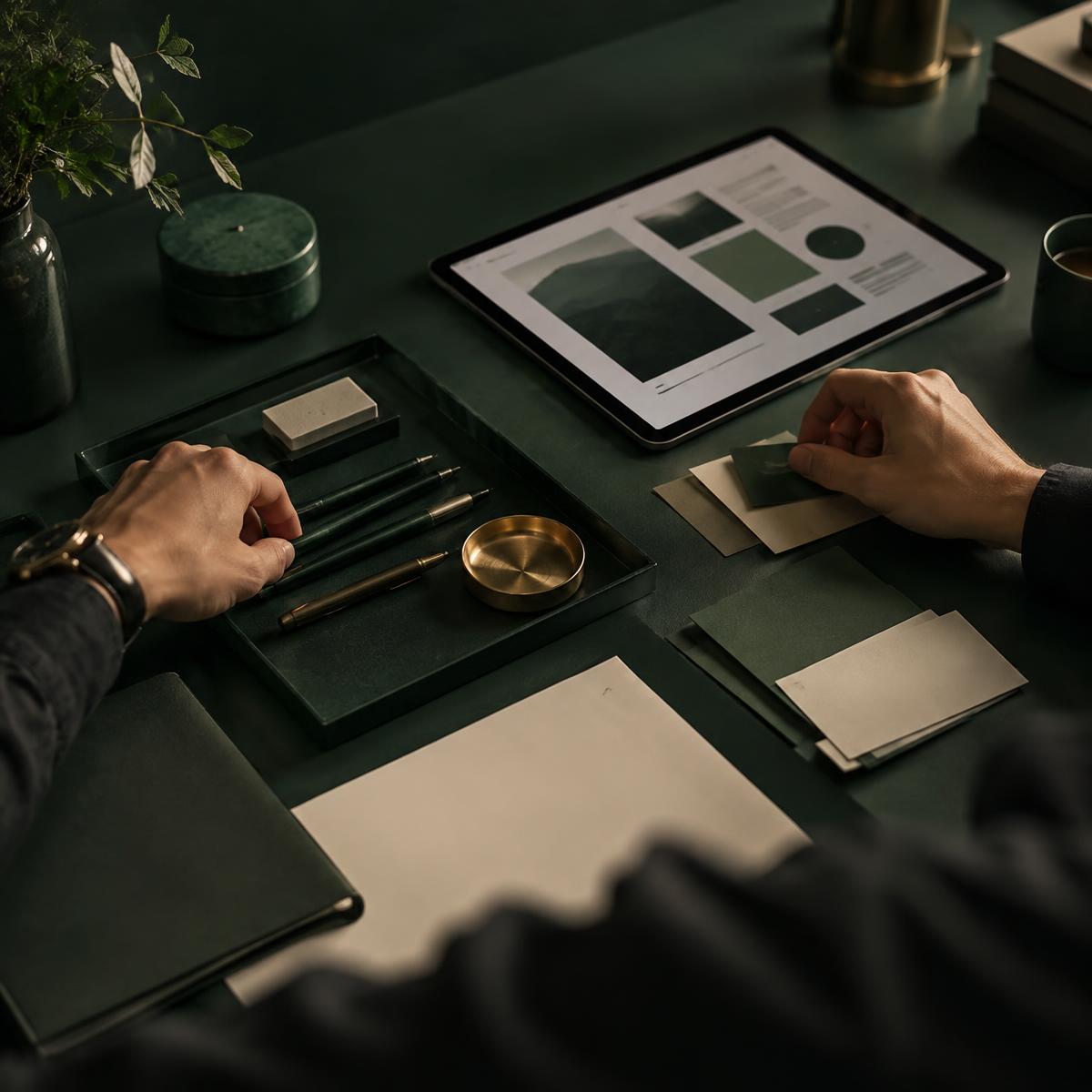 Hands sorting reference cards beside a tablet showing a clean layout