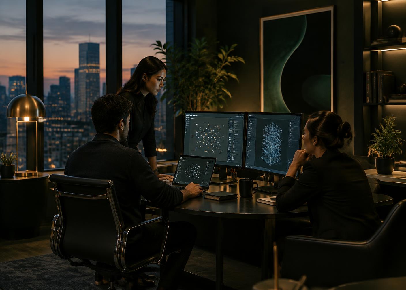 A small team reviewing workflow diagrams on screens in an evening office